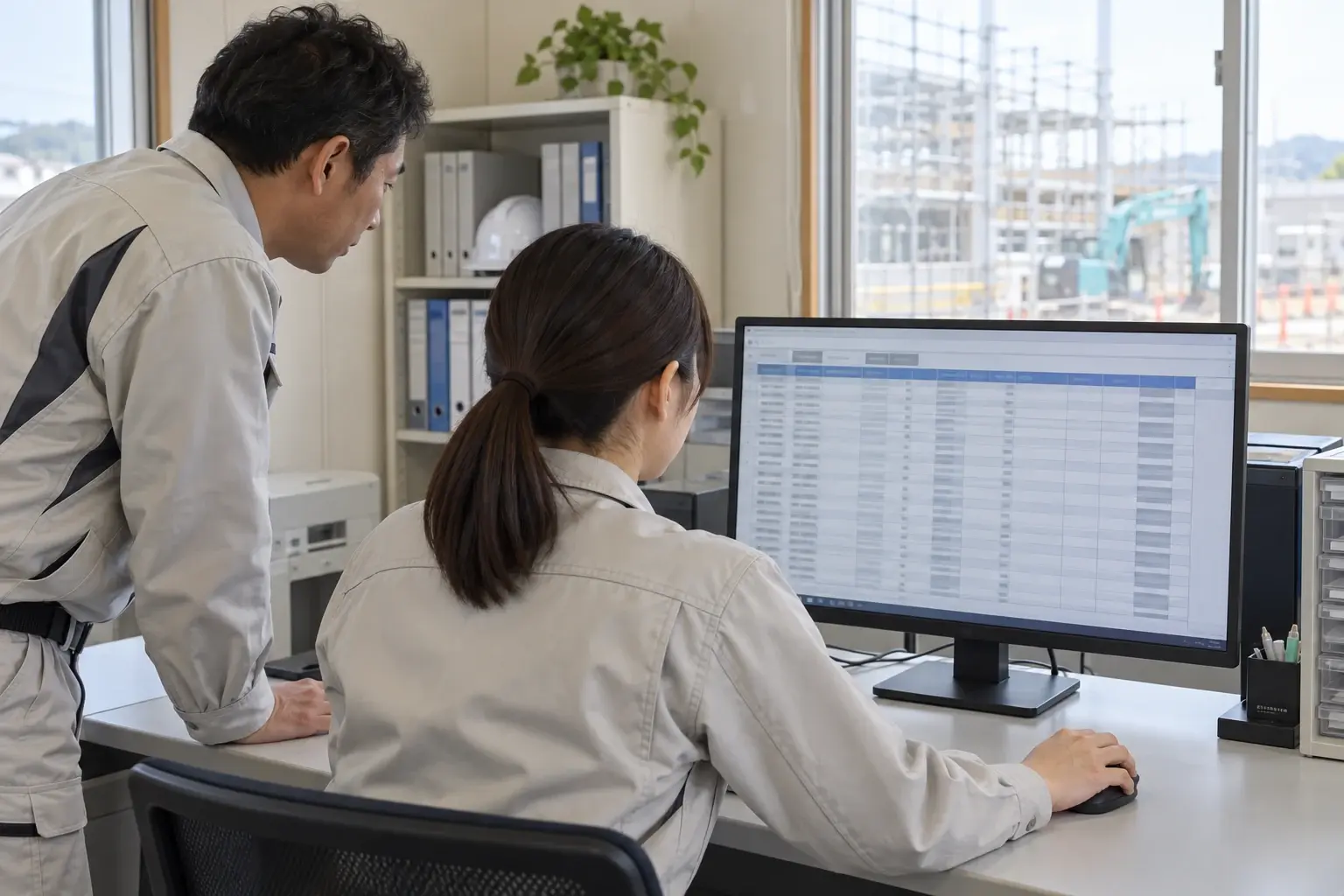建設会社の事務机で利用者に向いた同じモニターの一覧を確認する現場と事務の担当者のイメージ
