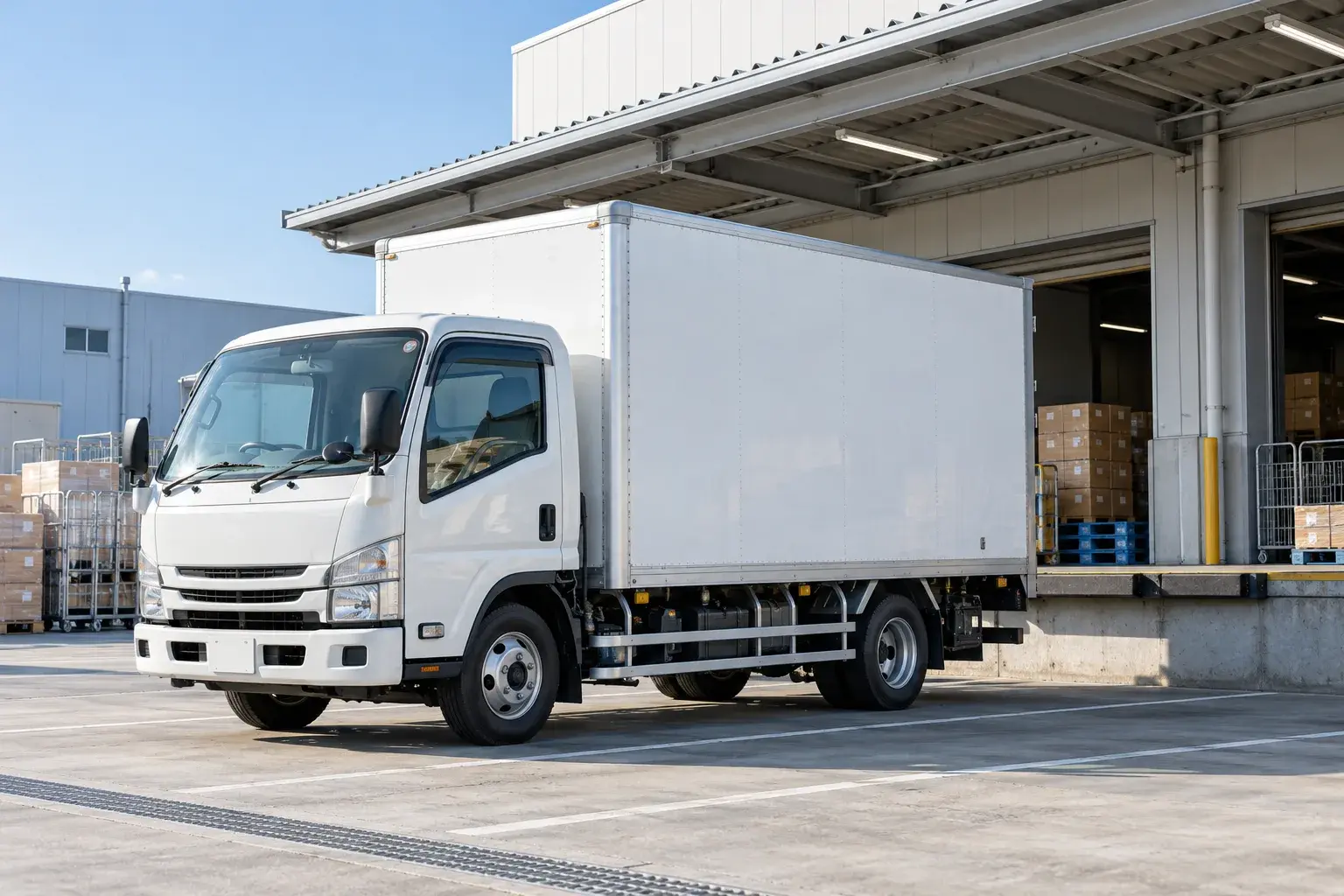物流拠点の荷さばき場に停めた白いトラックのイメージ