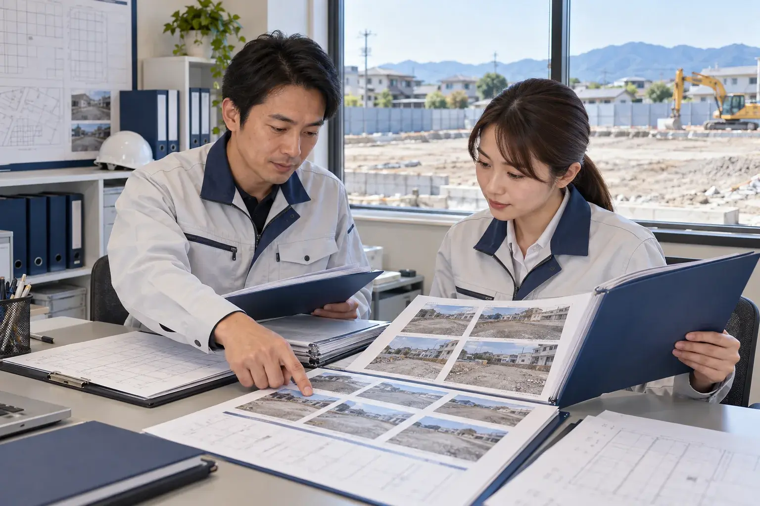 解体会社の事務所で、担当者が完了資料と写真を照合する架空の業務情景