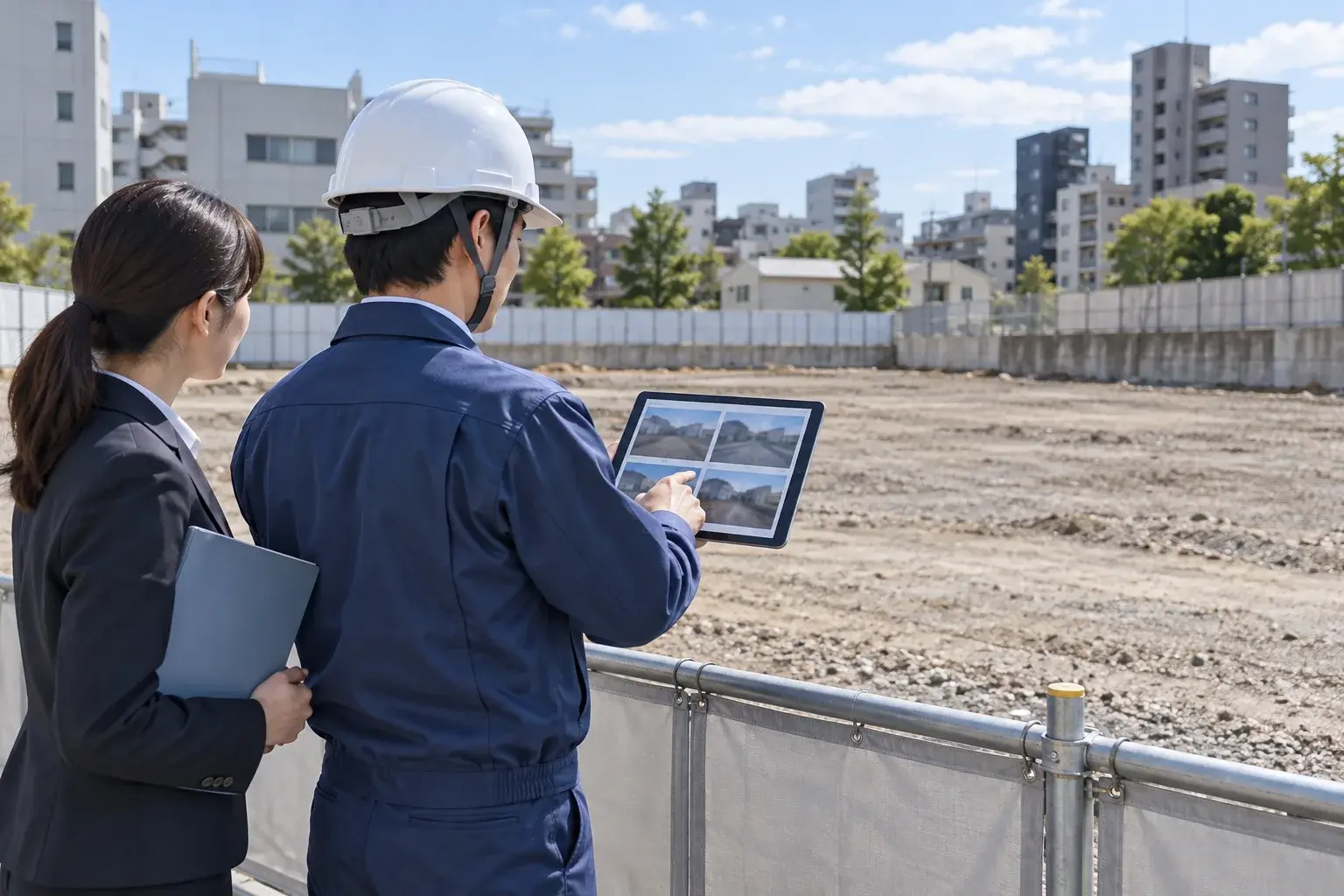 解体後の敷地を前に、担当者がタブレットと資料を照合する架空の業務情景
