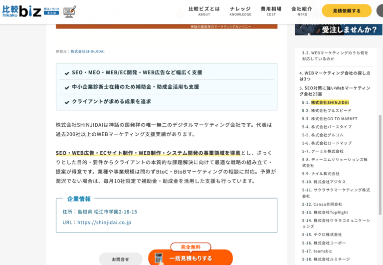 比較ビズ SHINJIDAI会社詳細 — SEO・MEO・WEB/EC開発・WEB広告など幅広く支援