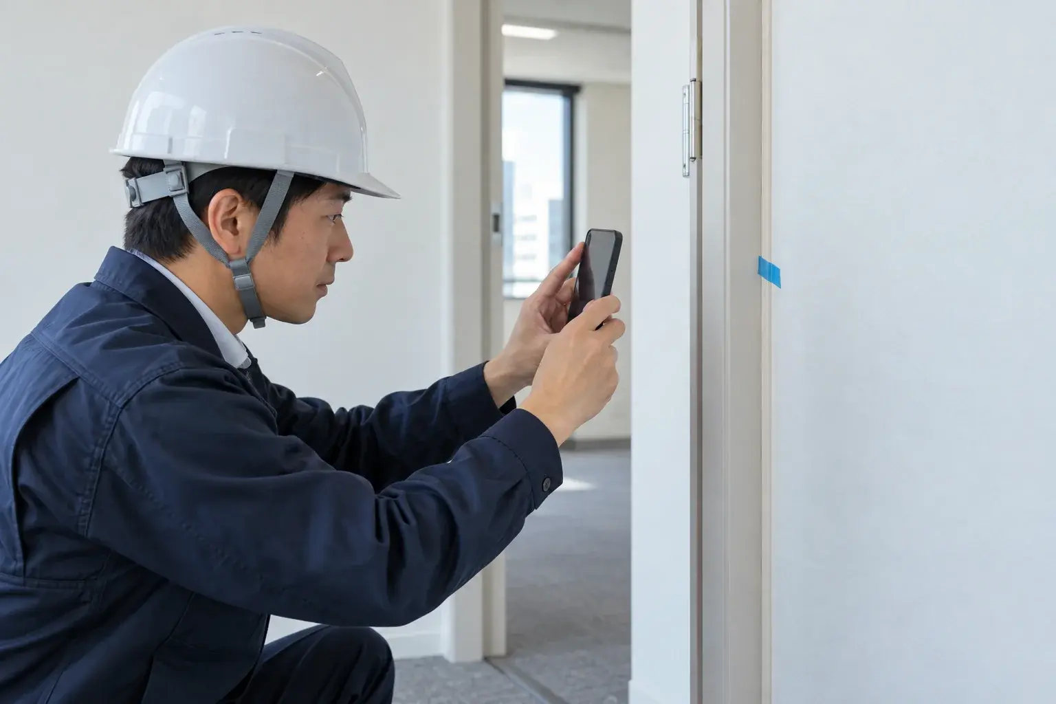 内装の指摘箇所をスマホで記録する担当者のイメージ