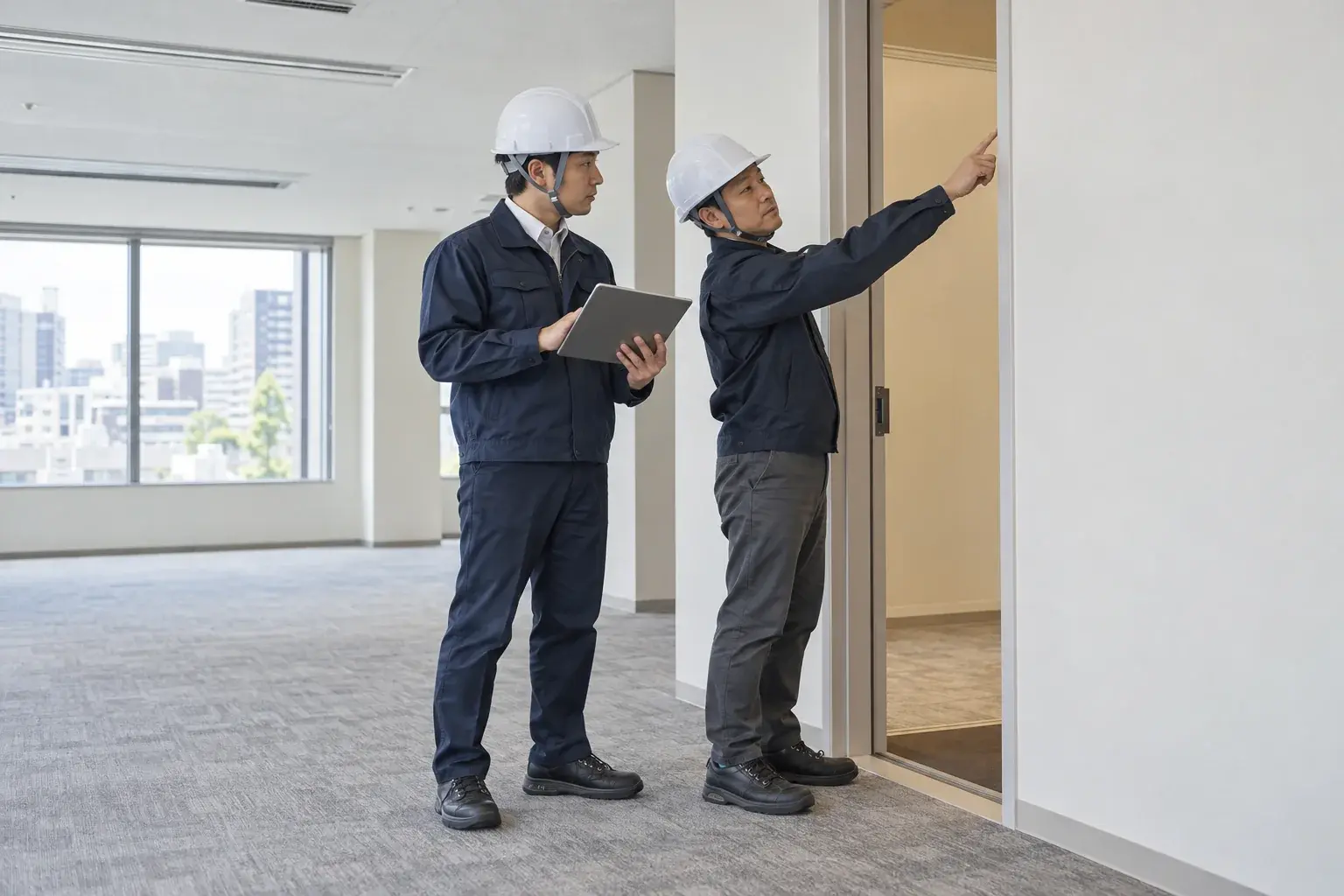 建設現場で二人の担当者が内装の箇所と記録を確認するイメージ