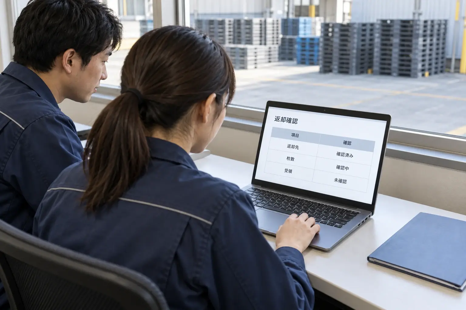 倉庫の事務机で、同じ向きのノートパソコンに表示された返却先・枚数・受領を確認する二人の担当者のイメージ