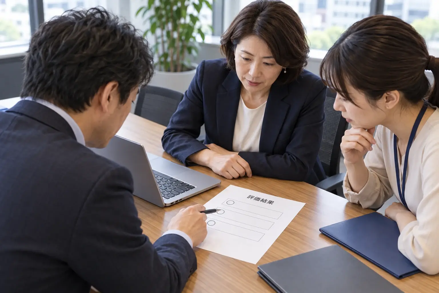 担当者が読める向きに置いた資料を使い、社内検索の本番前の確認を話し合う架空の情景