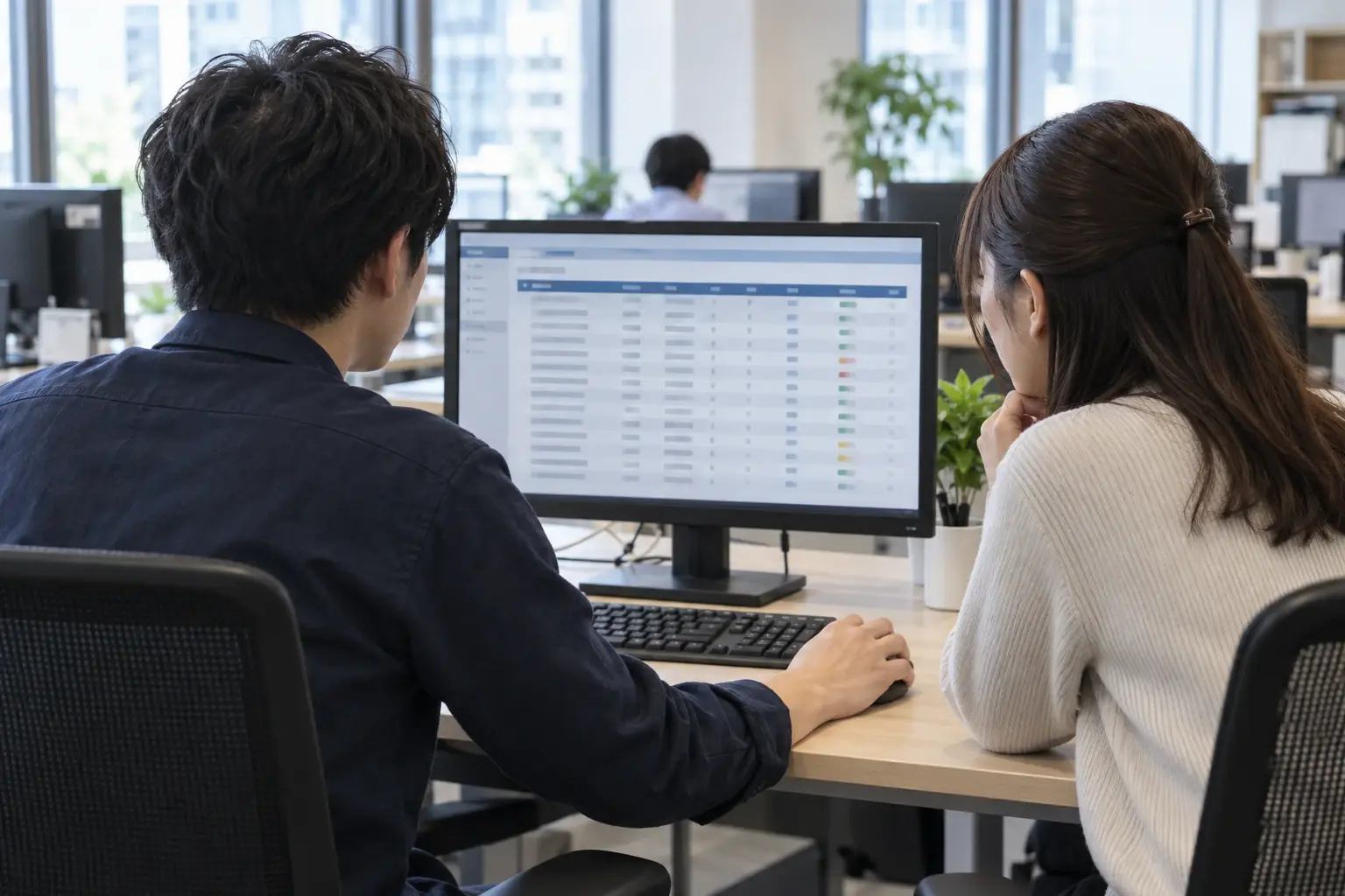 業務システムの一覧を利用者に向いた同じモニターで確認する情報システム担当者と開発担当者のイメージ