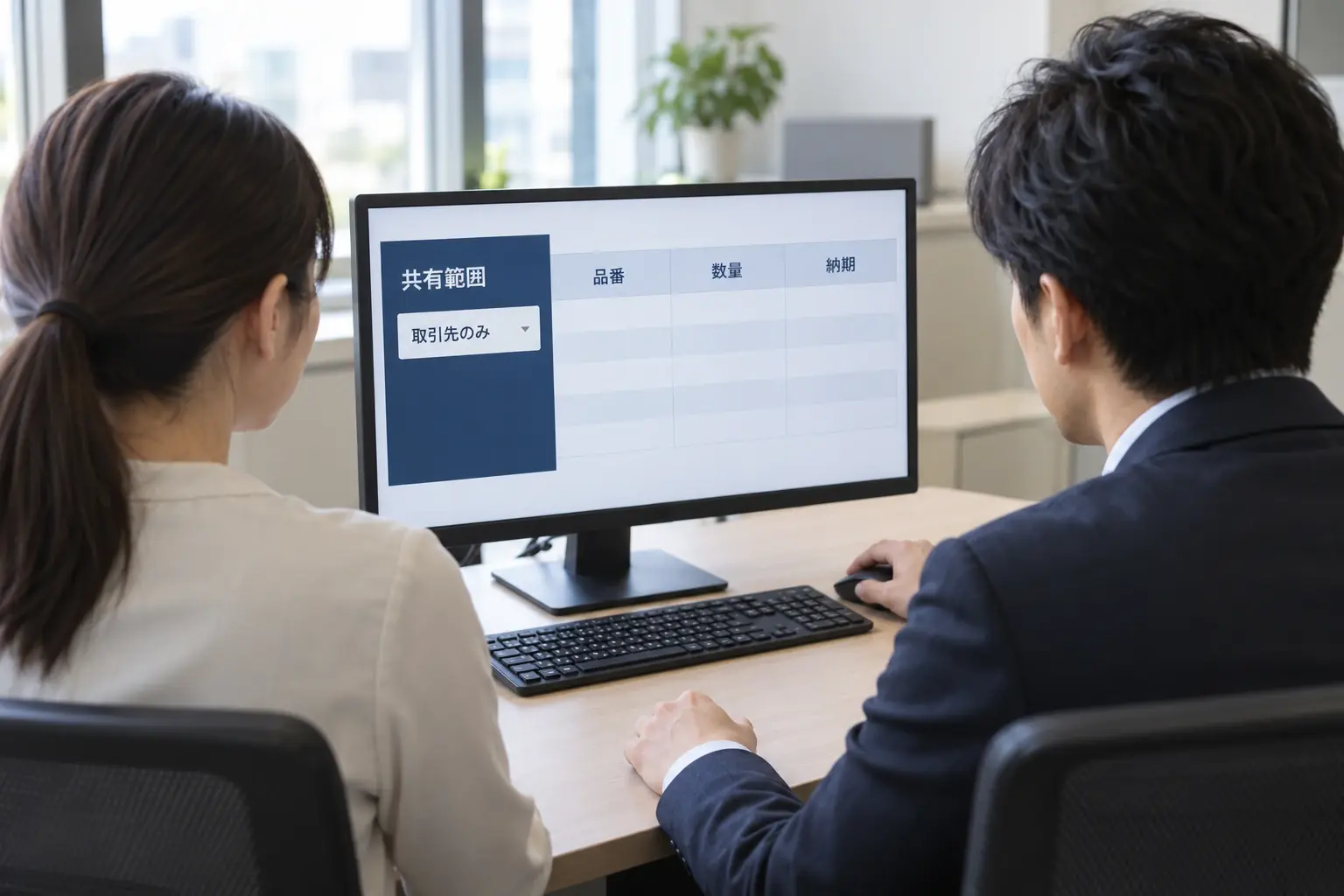 取引先へ共有する品番・数量・納期の範囲を利用者に向いた同じ画面で確認する二人のイメージ