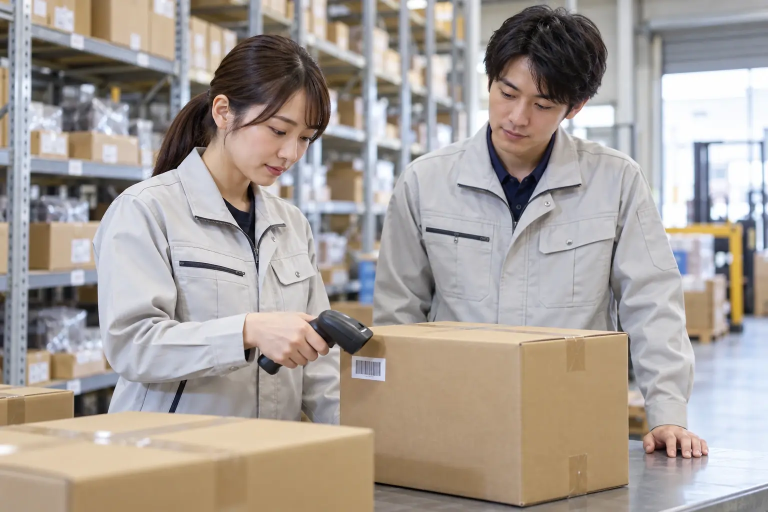 倉庫の作業台で箱とバーコードを確認する担当者二人のイメージ