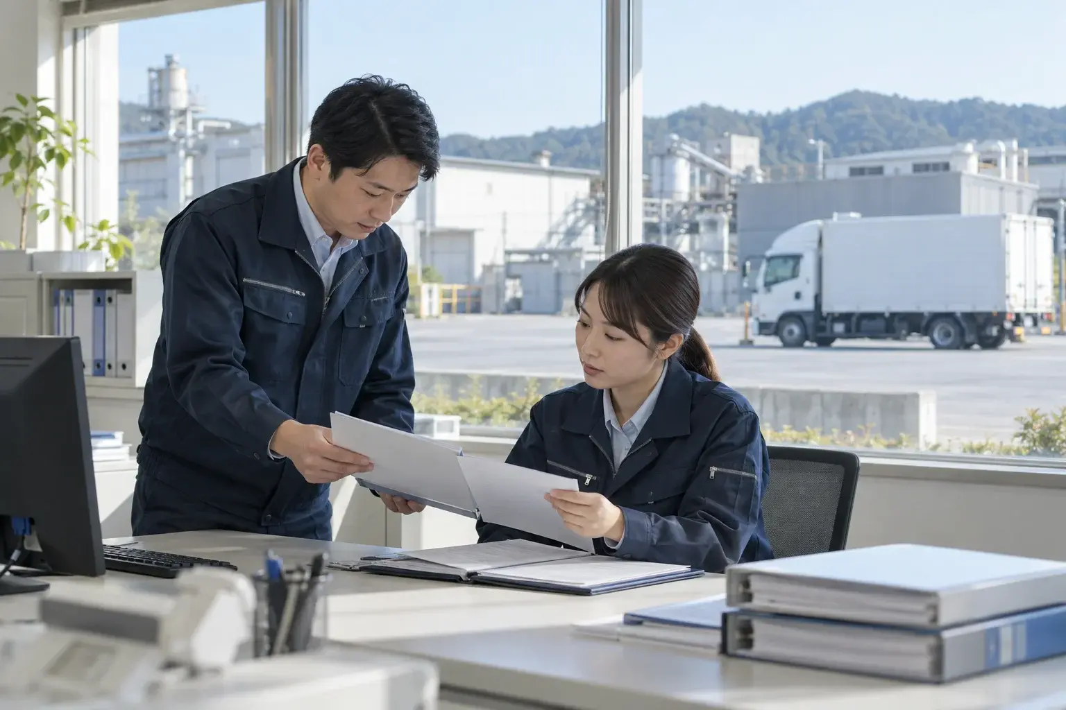 廃棄物処理施設の事務所で、営業と工場の担当者が資料を確認する業務イメージ