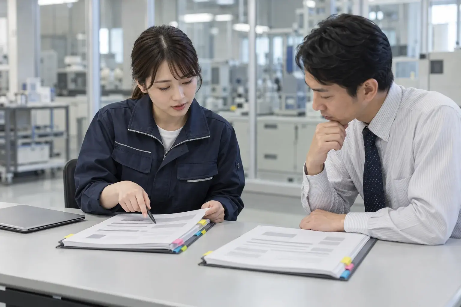 営業と技術担当が、資料の版と確認事項を照合する場面のイメージ